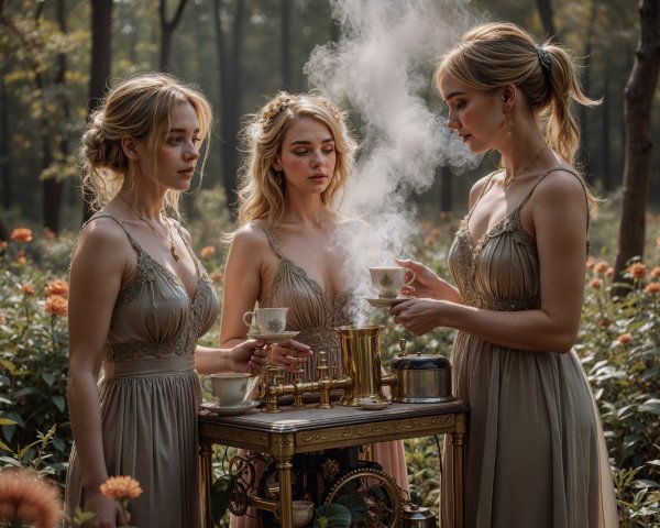 Elegant Tea Ceremony in a Serene Forest Setting