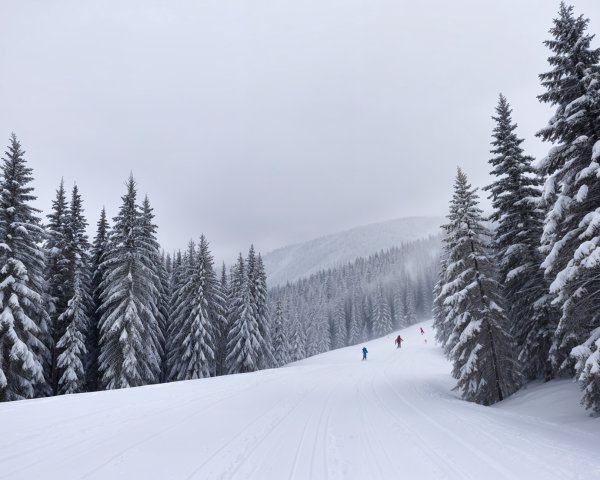 Serene Winter Ski Scene with Frosted Pine Trees