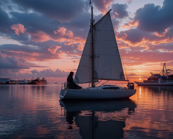 Sailboat on Calm Waters at Sunset with Vibrant Sky