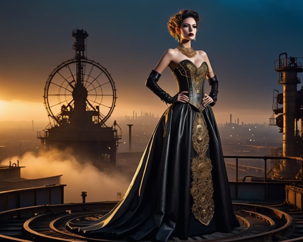 Industrial Rooftop Scene with Elegant Black Gown