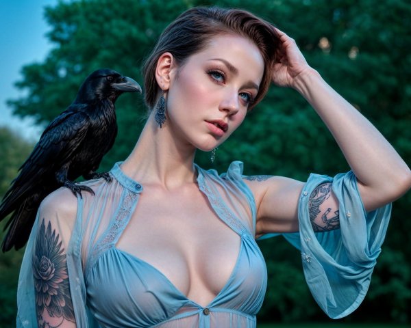 Woman with tattoos and raven in outdoor setting