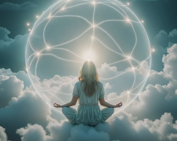 Serene Figure Meditating on Clouds with Ethereal Sphere