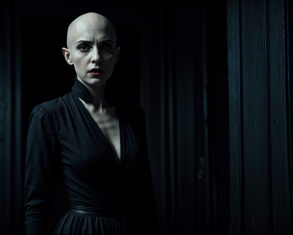 Woman in Black Dress in Dimly Lit Room