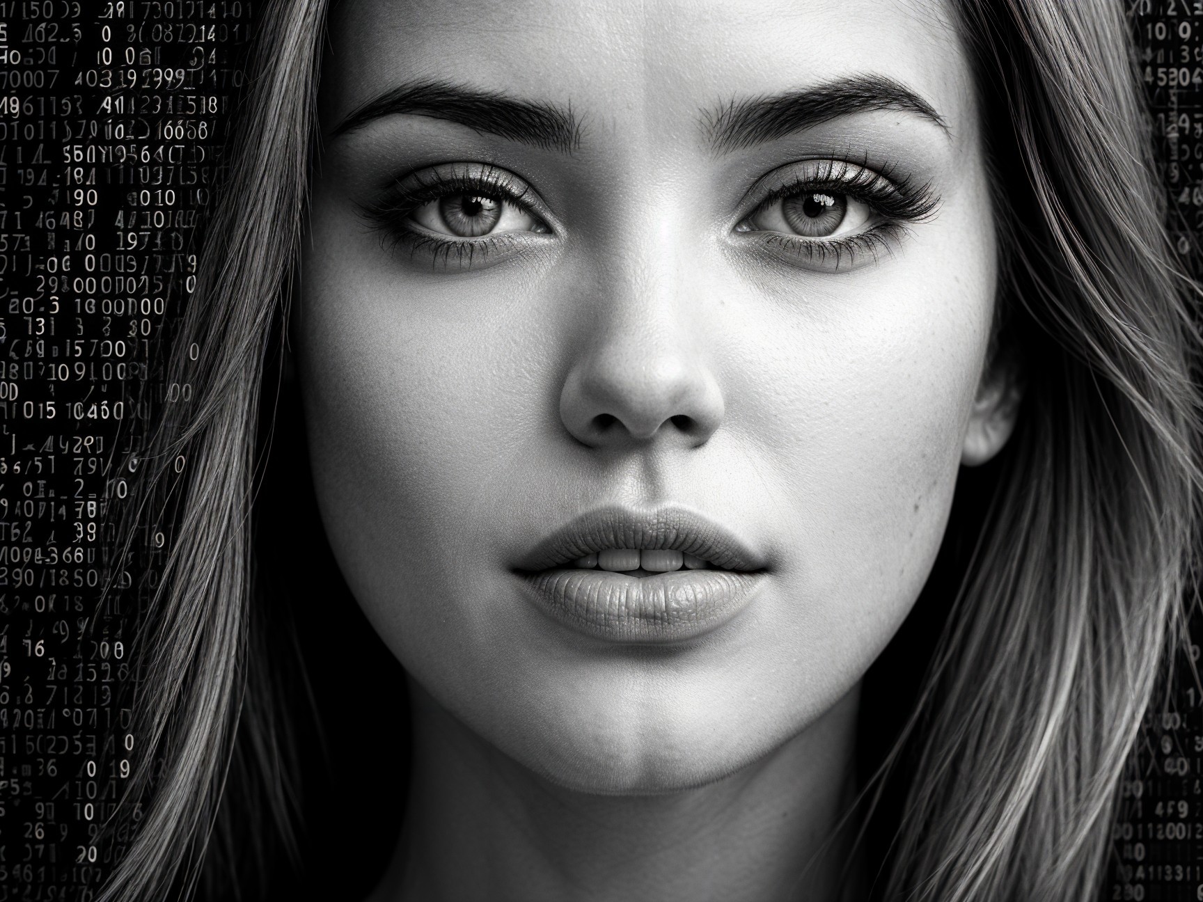 Black-and-white portrait of a young woman with binary code