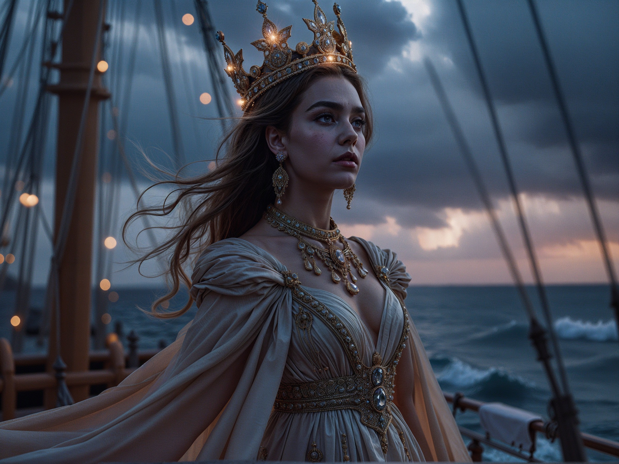 Regal figure on ship deck with dramatic ocean backdrop