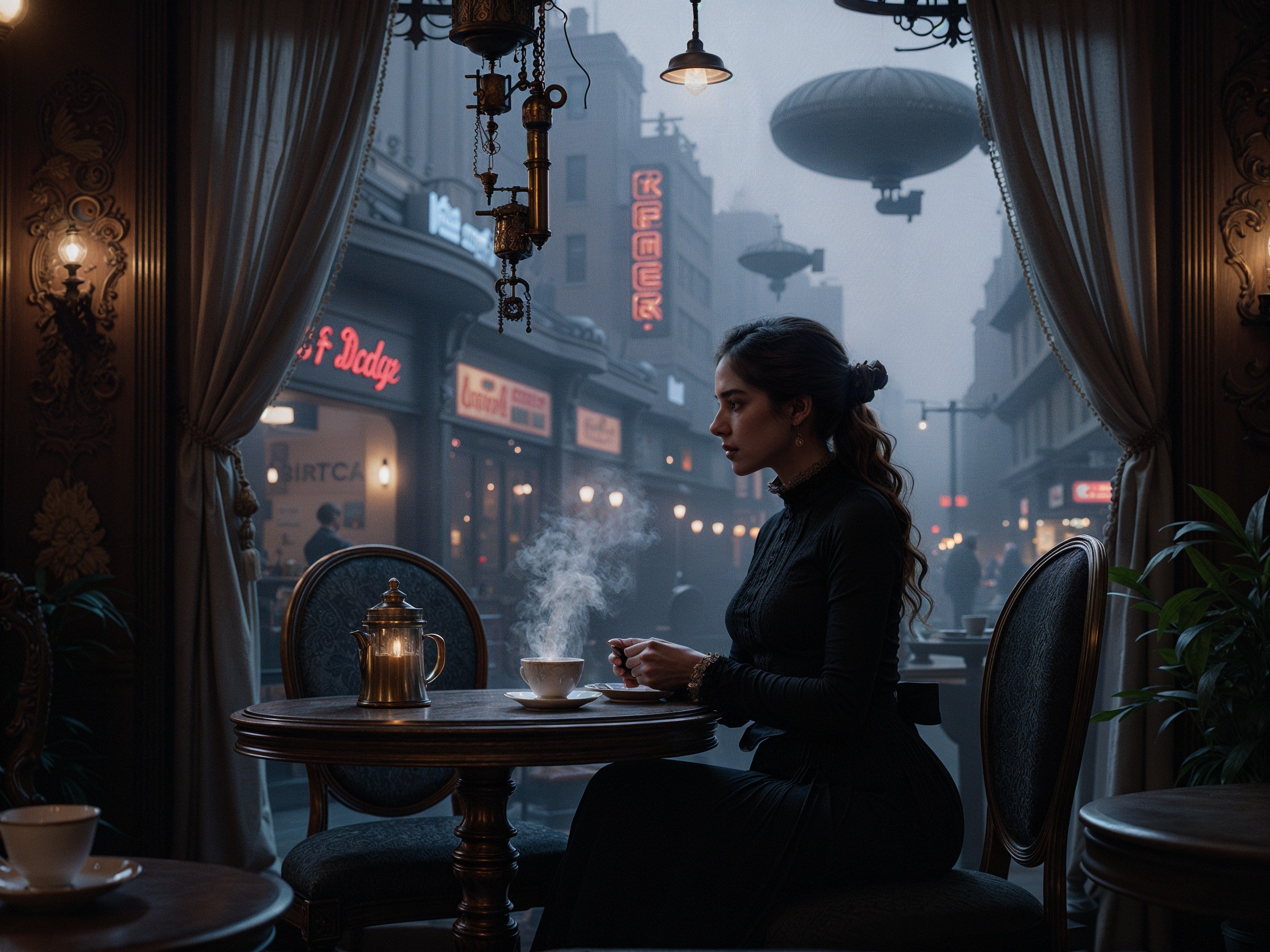 Vintage Café Scene with Woman in Black Dress