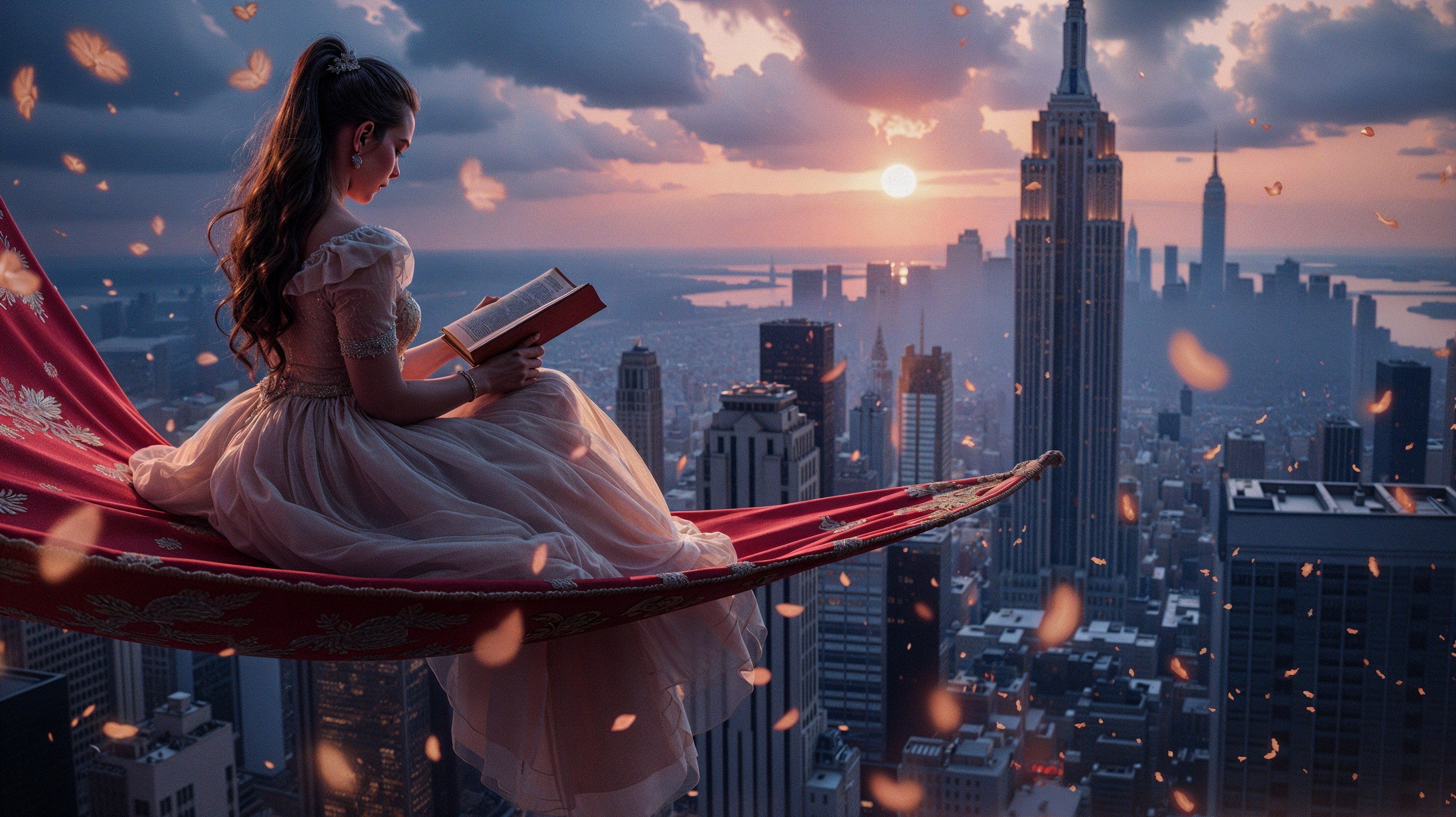 Young woman reading on hammock between skyscrapers at sunset