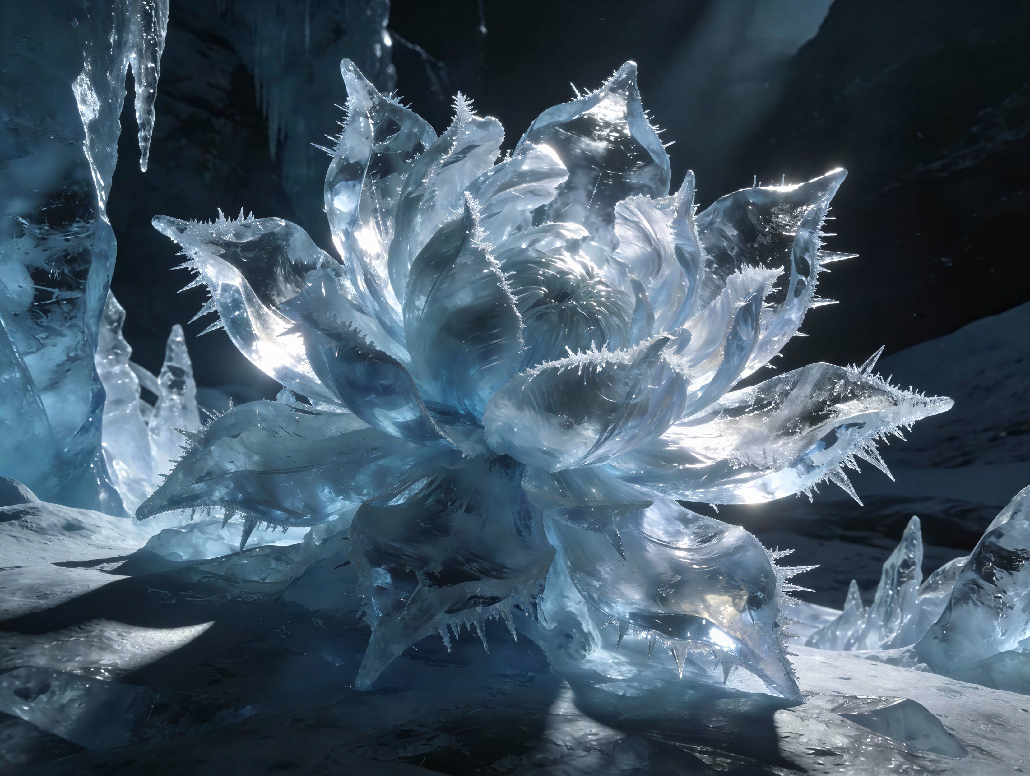 Close-up of a sparkling ice lotus in an icy cave