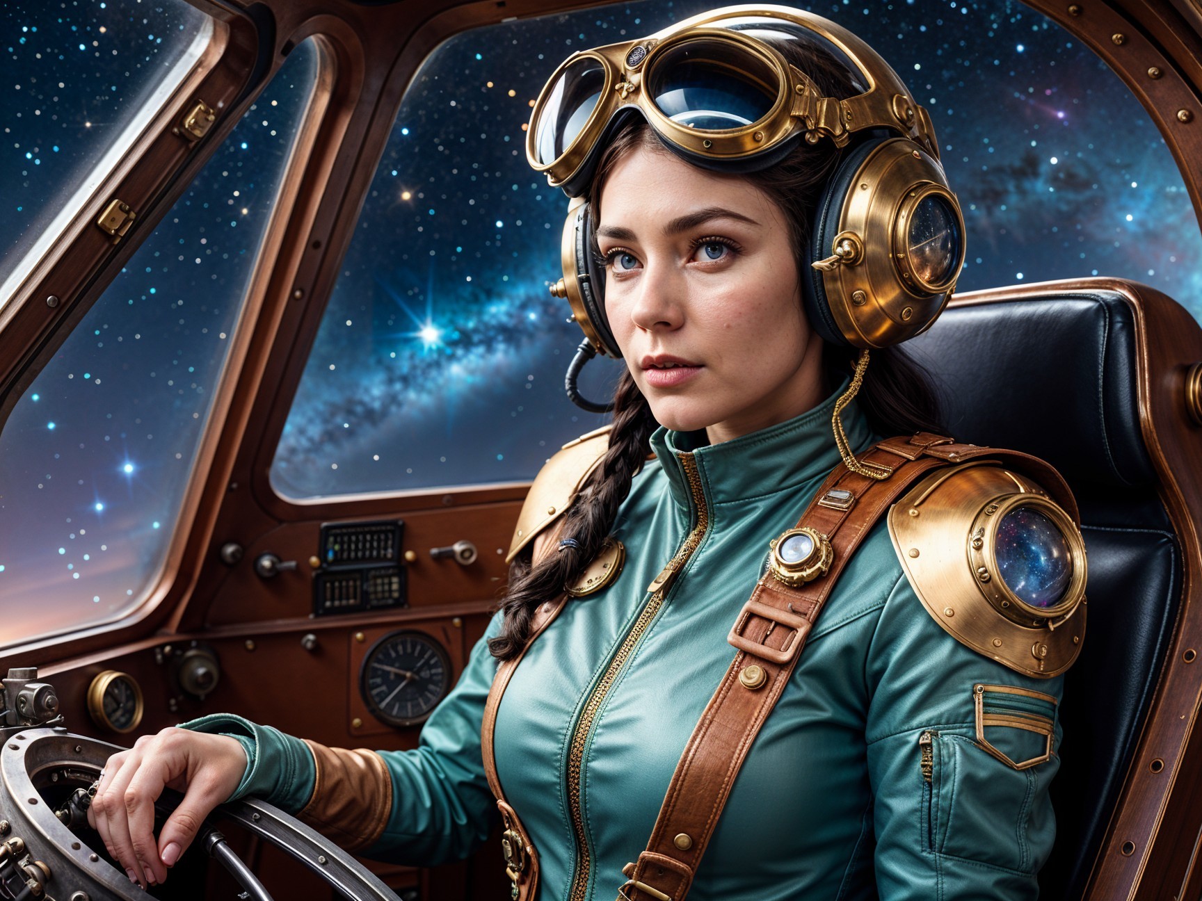 Young woman in vintage spaceship cockpit with goggles