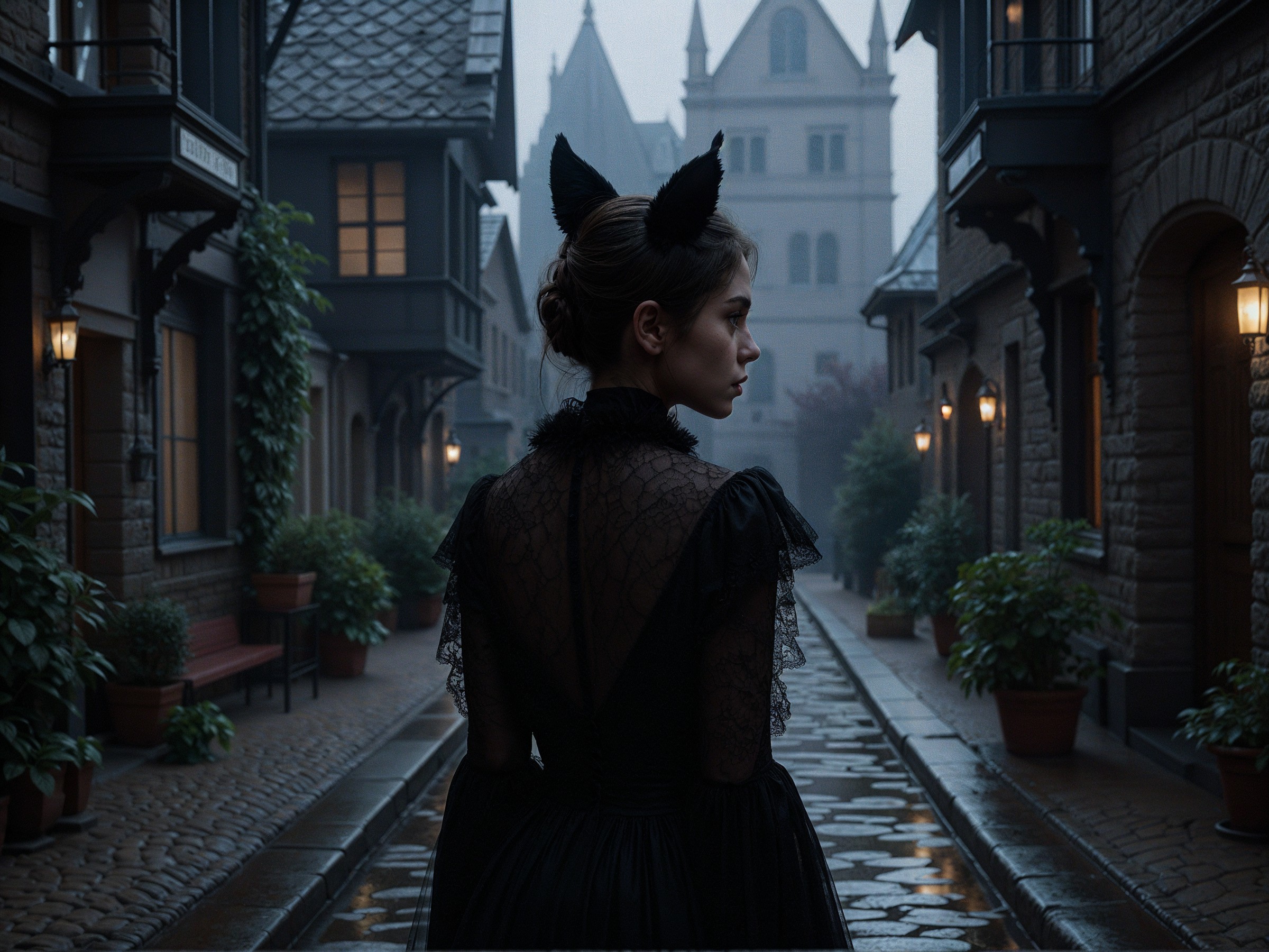 Mysterious Figure in Lace Dress in Foggy Alleyway