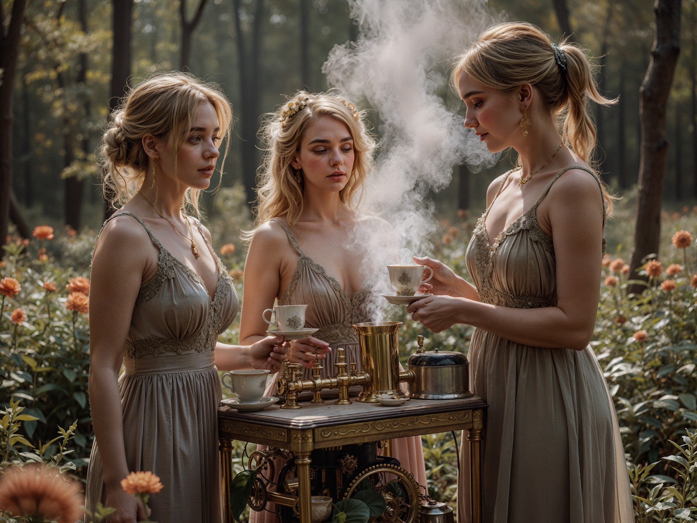 Elegant Tea Ceremony in a Serene Forest Setting