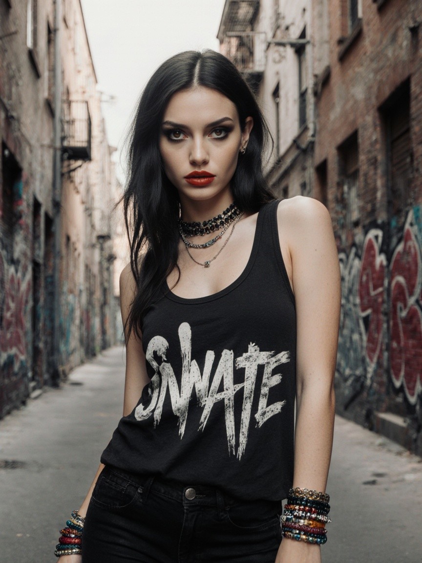 Young Woman in Alley with Graffiti and Edgy Fashion
