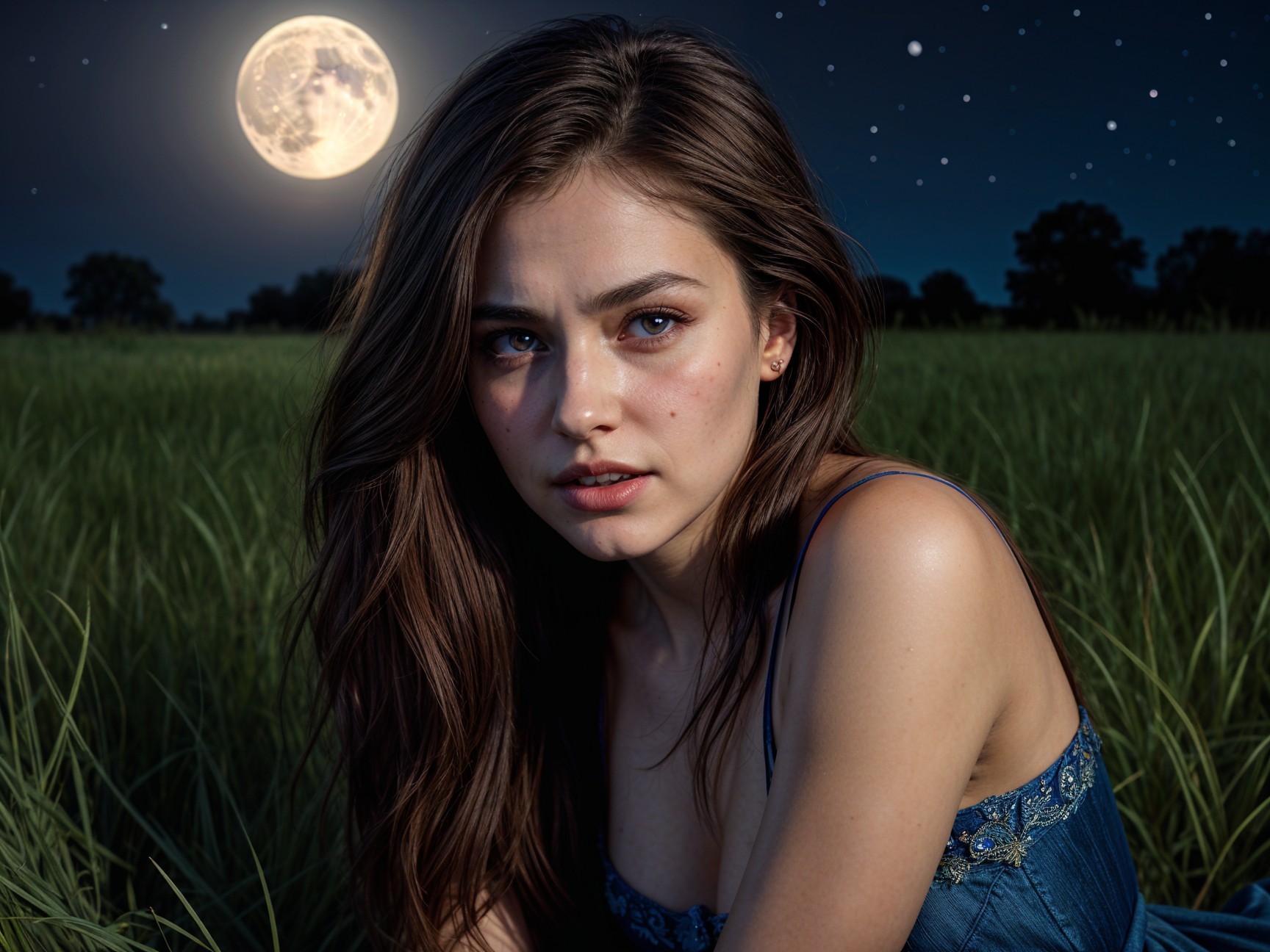 Young woman in blue dress under moonlit sky