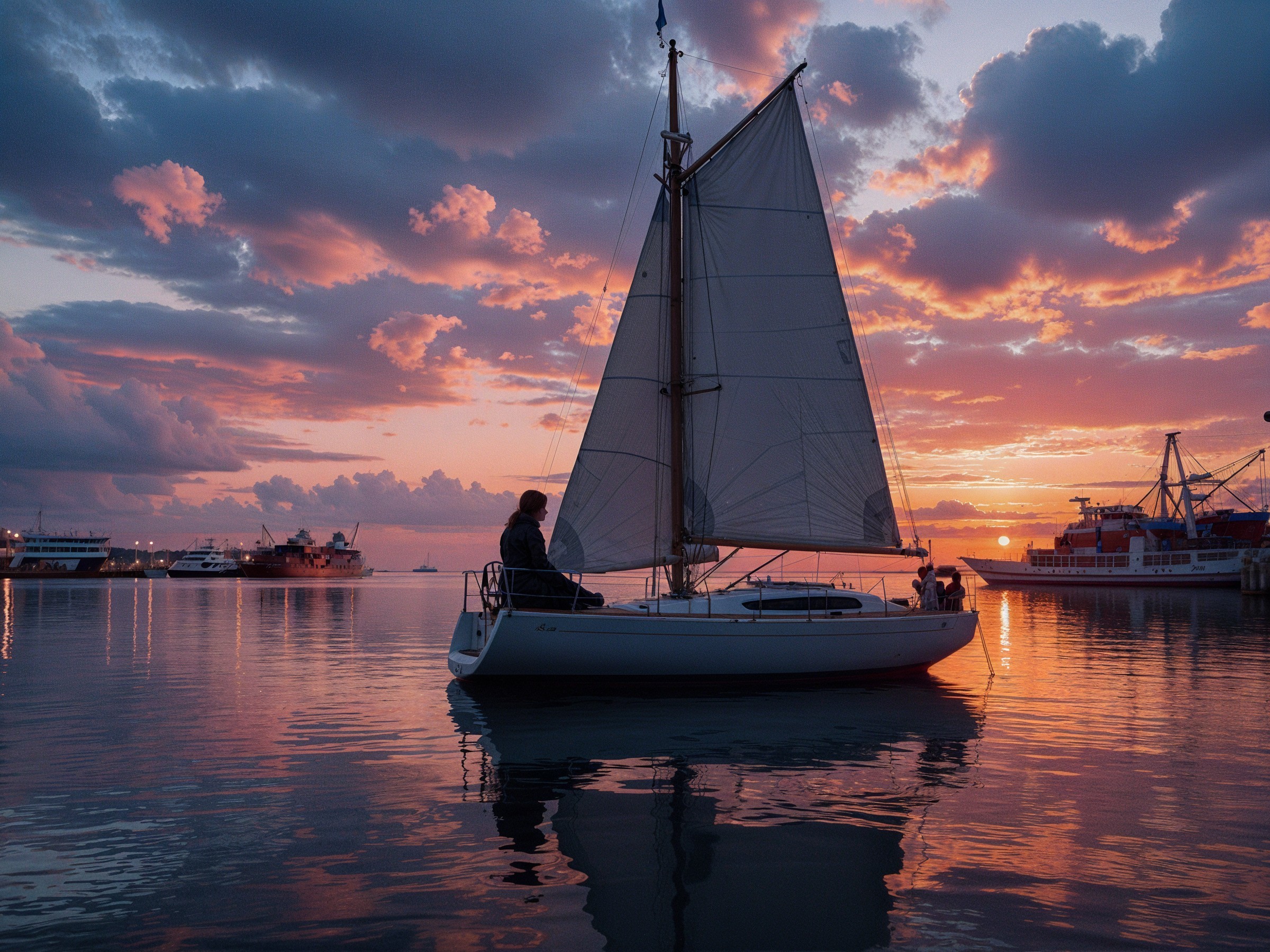 Sailboat on Calm Waters at Sunset with Vibrant Sky