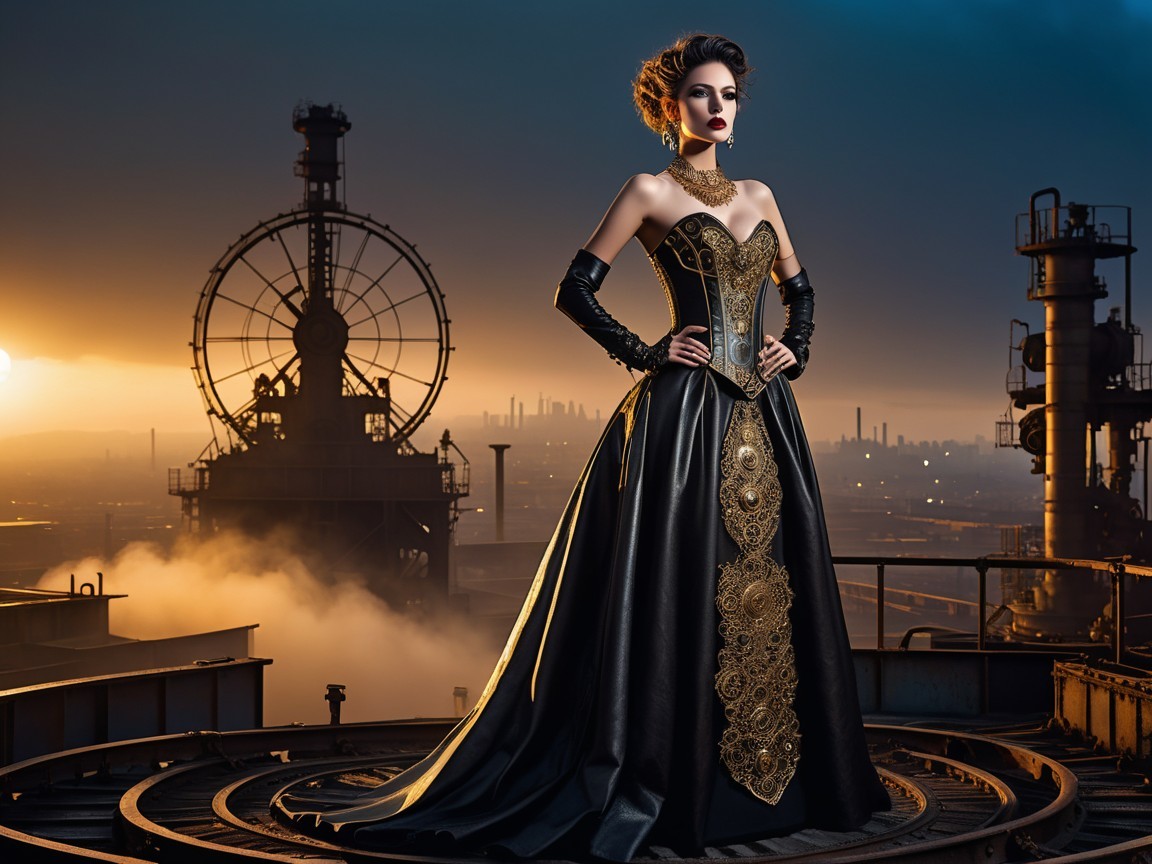 Industrial Rooftop Scene with Elegant Black Gown