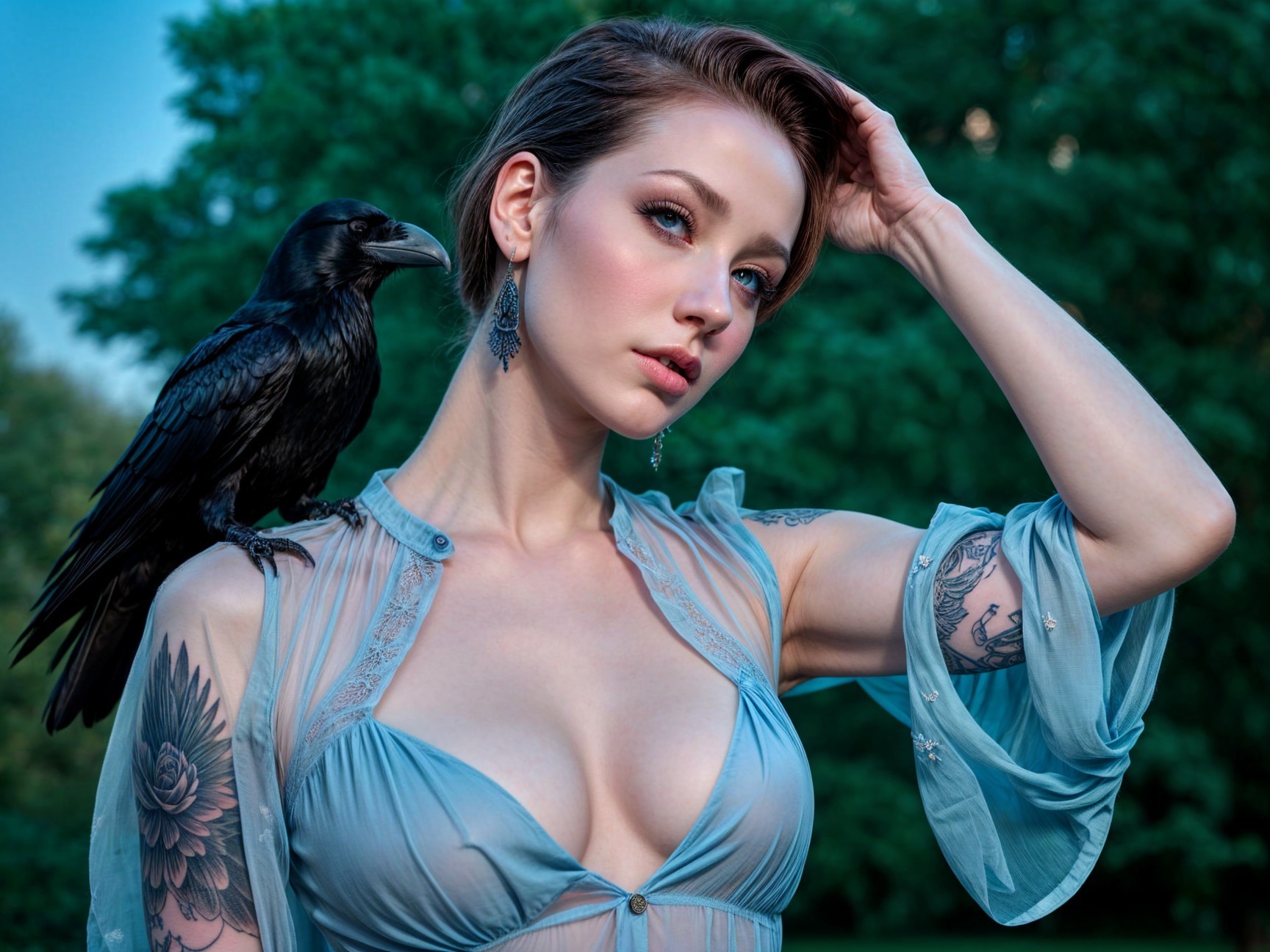 Woman with tattoos and raven in outdoor setting