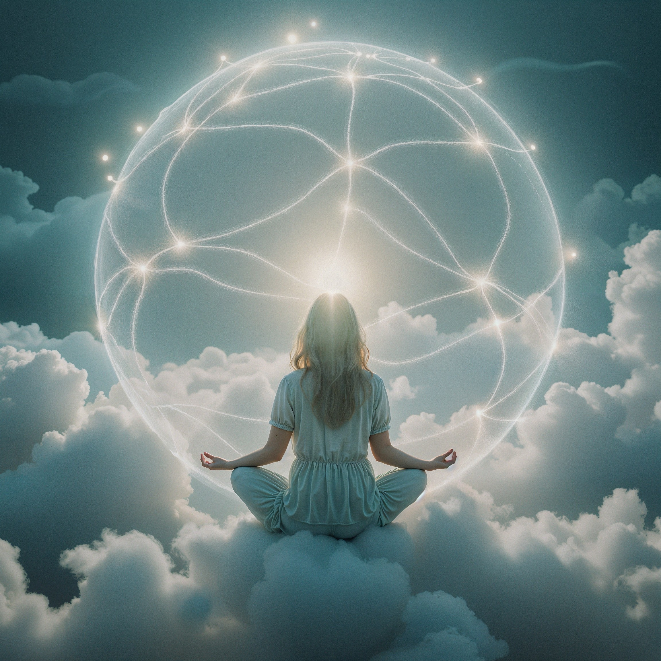 Serene Figure Meditating on Clouds with Ethereal Sphere