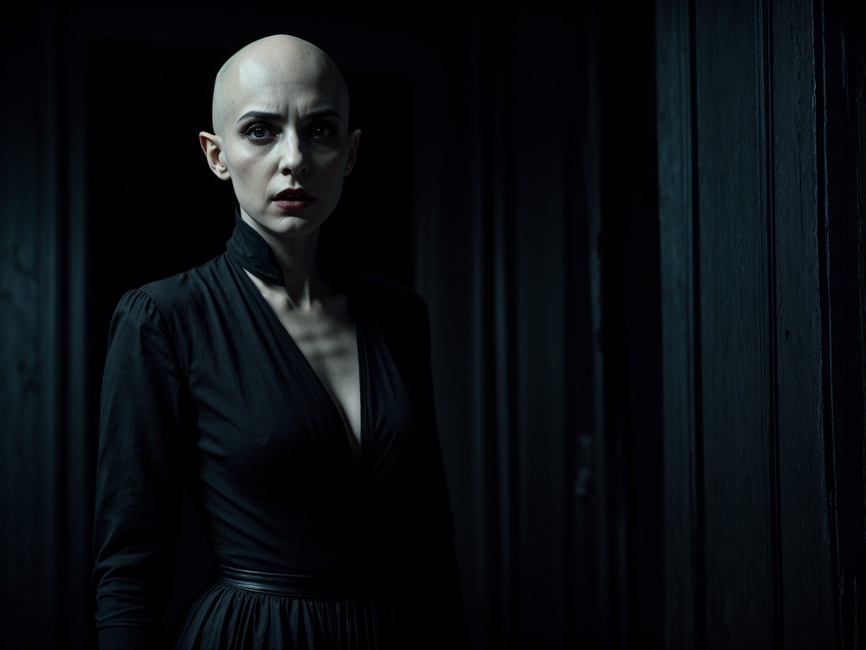 Woman in Black Dress in Dimly Lit Room