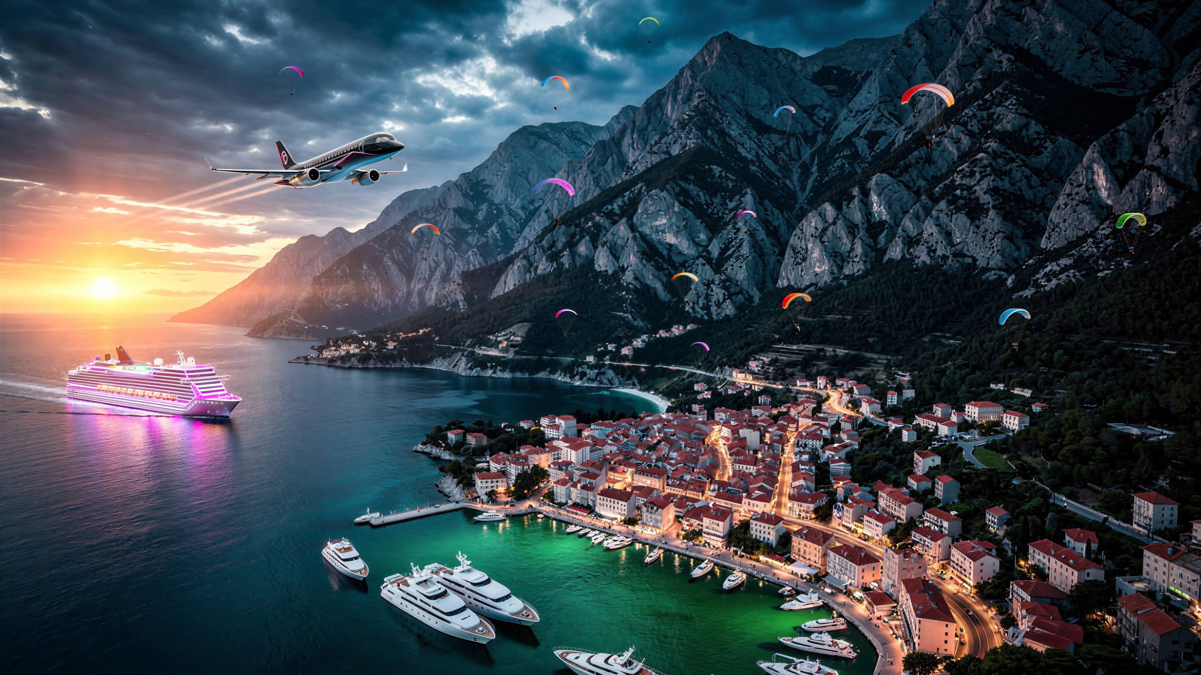 Aerial View of Cruise Ship at Sunrise with Town and Paragliders