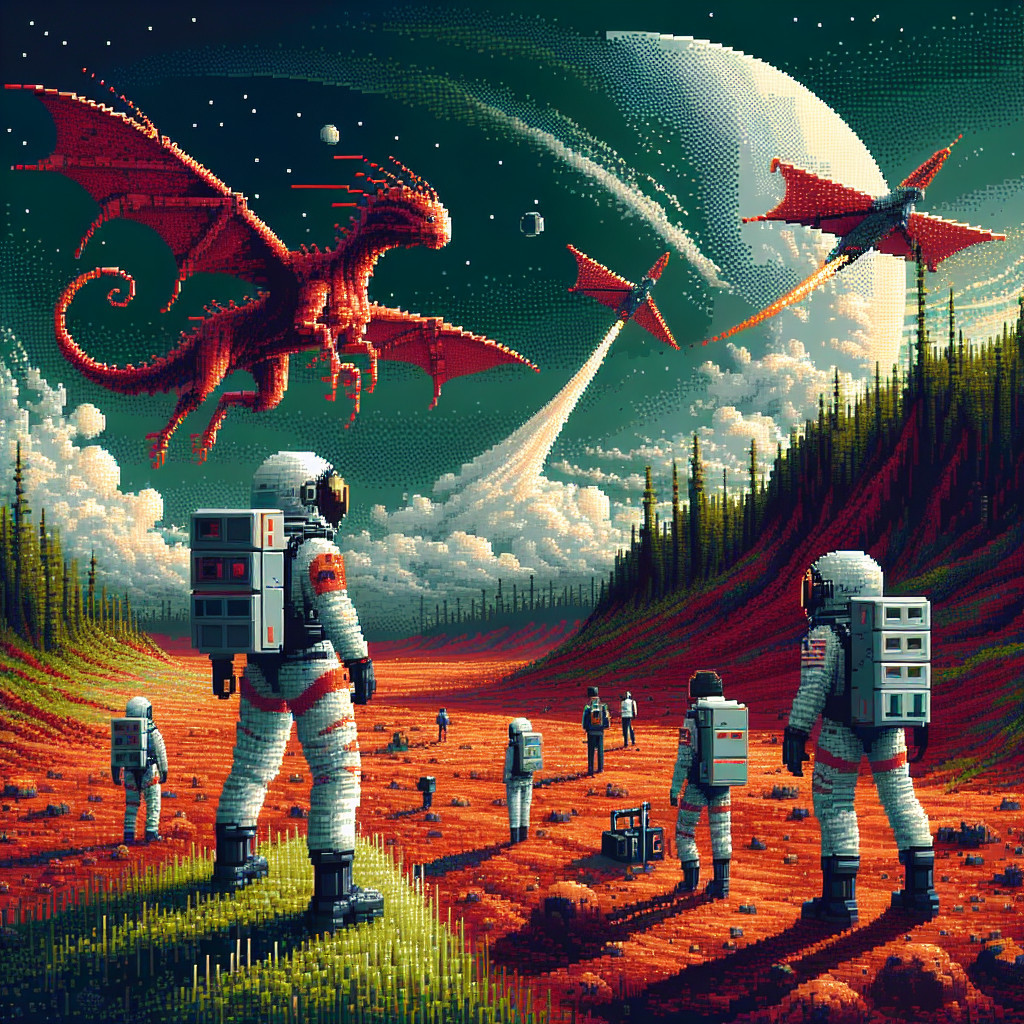 Exploration of a Pixelated Sci-Fi Landscape with Dragons