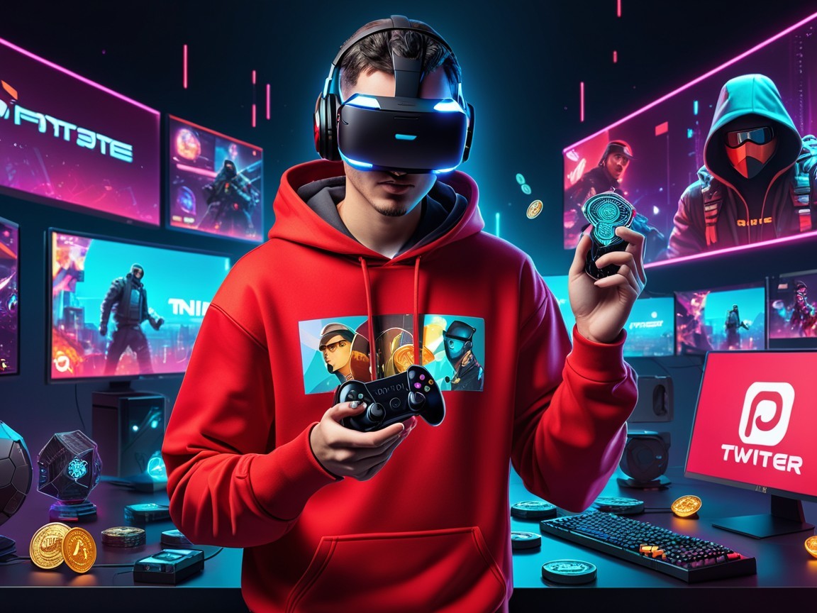 Gamer in VR Headset Surrounded by Futuristic Screens