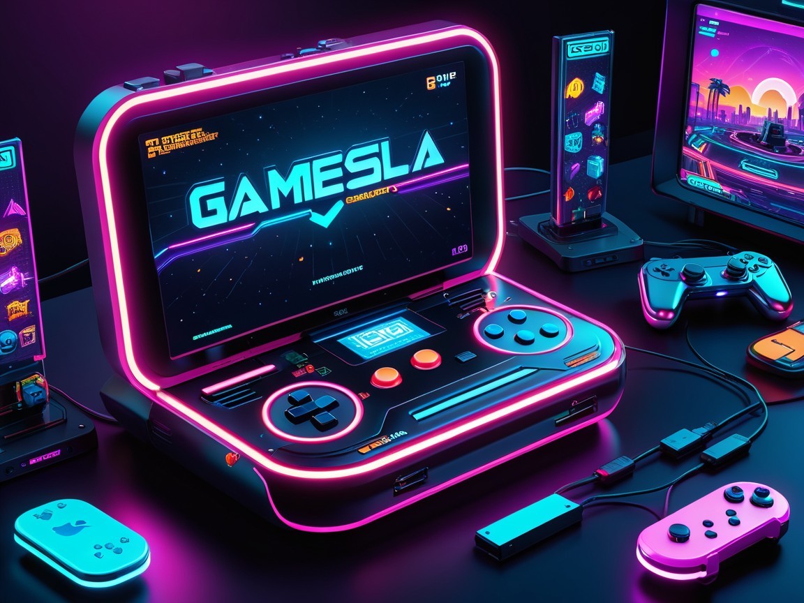 Futuristic gaming console with neon lights and retro design