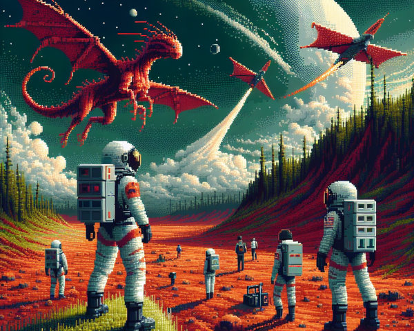 Exploration of a Pixelated Sci-Fi Landscape with Dragons