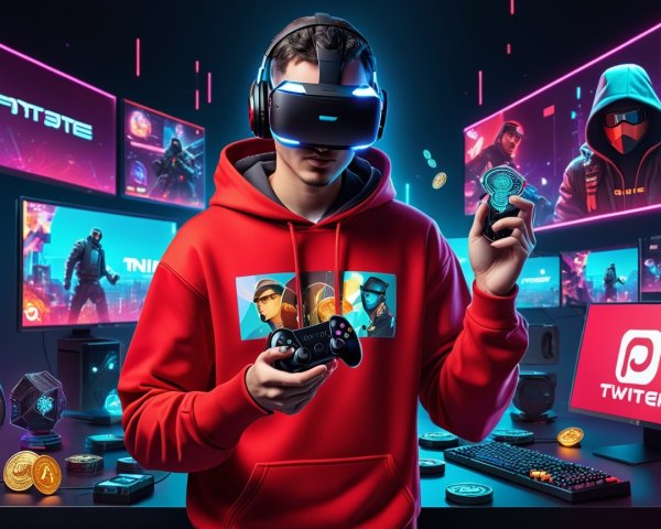 Gamer in VR Headset Surrounded by Futuristic Screens