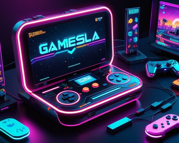 Futuristic gaming console with neon lights and retro design