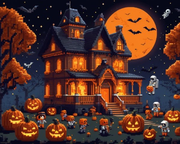Haunted Mansion Pixel Art with Halloween Elements