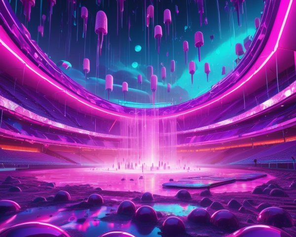 Futuristic arena with flowing pink light and structures