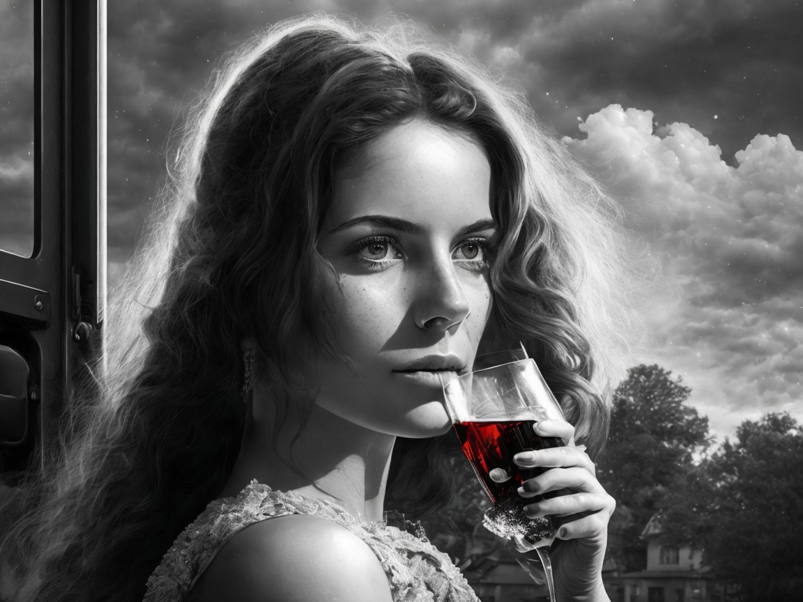 Young woman with drink gazes out window in black and white