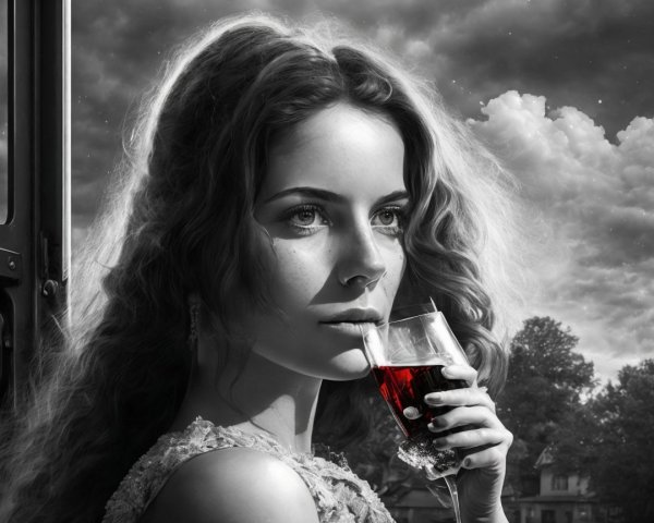 Young woman with drink gazes out window in black and white