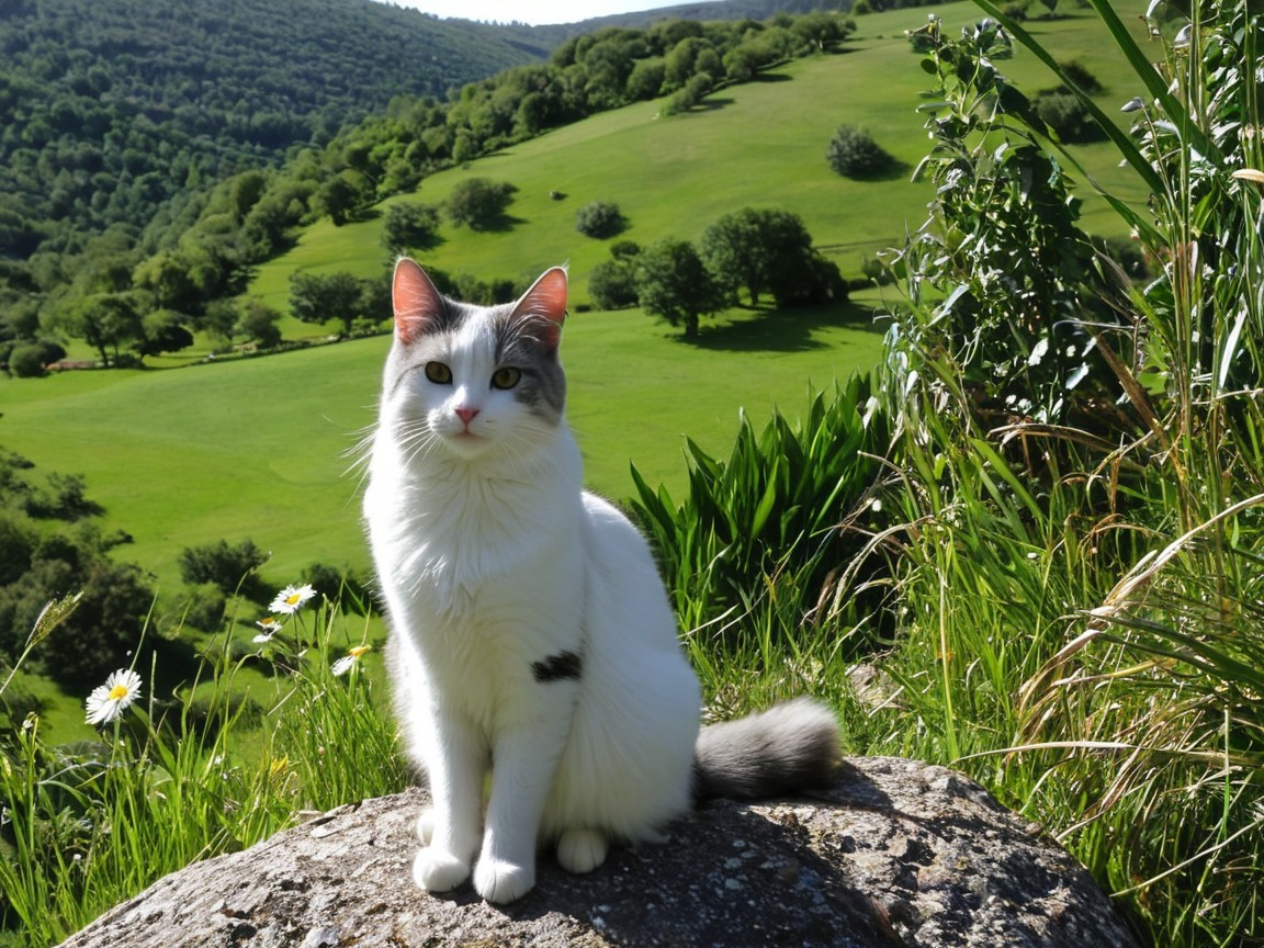 Fluffy White Cat with Gray Markings in Green Landscape