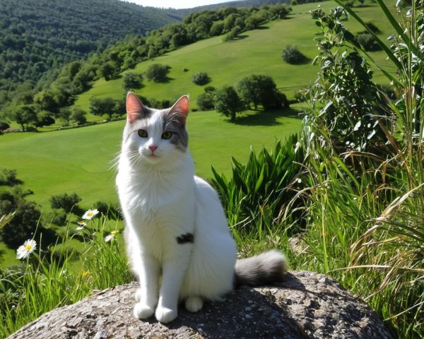 Fluffy White Cat with Gray Markings in Green Landscape