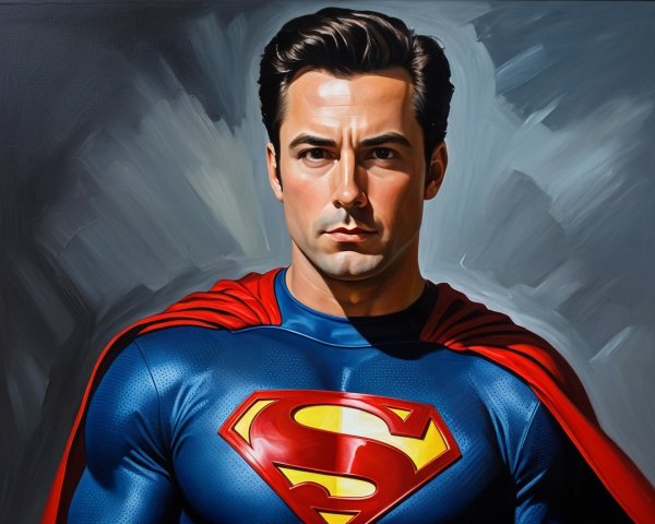 Heroic figure in blue suit with red and yellow emblem