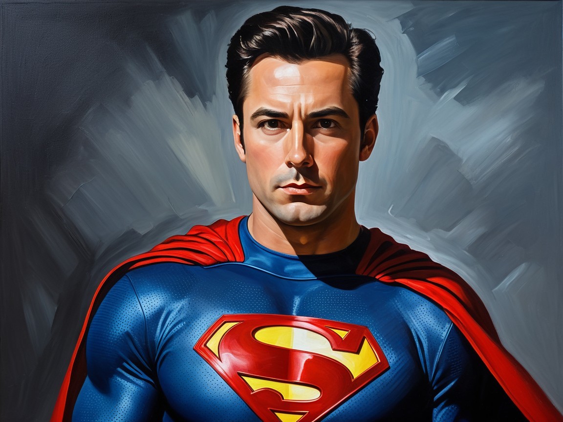 Heroic figure in blue suit with red and yellow emblem