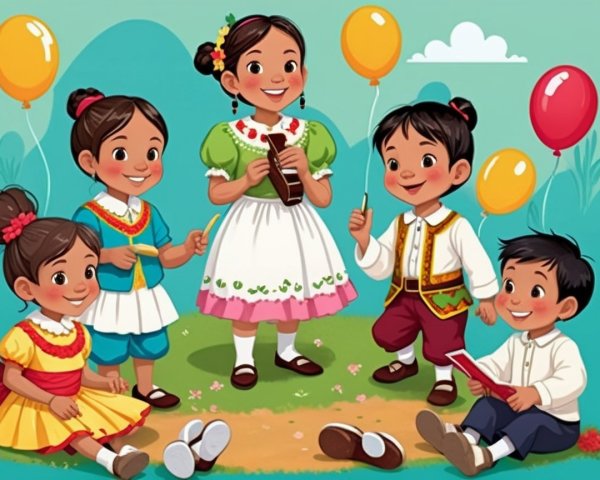 Children in Colorful Traditional Outfits Celebrating Outdoors