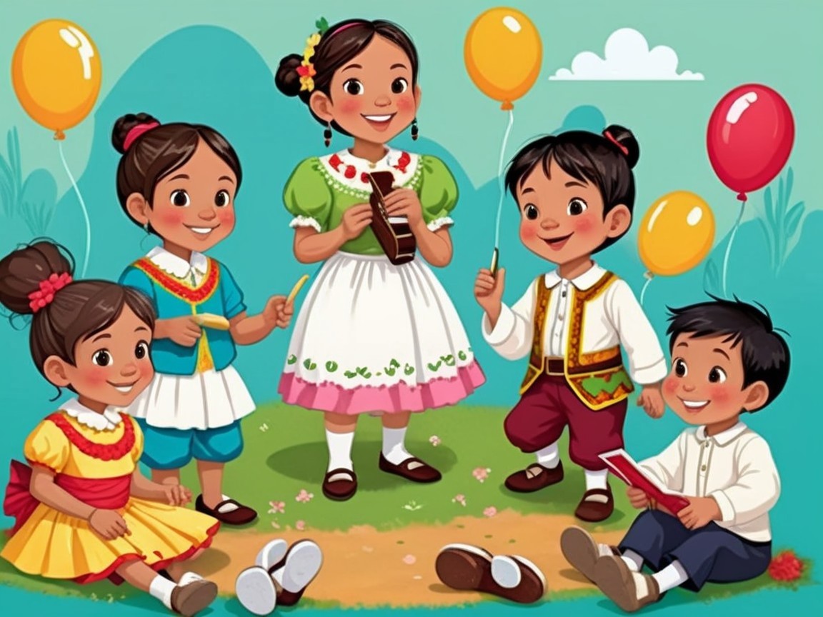 Children in Colorful Traditional Outfits Celebrating Outdoors