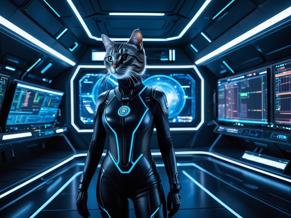 Futuristic Spaceship Interior with Humanoid Cat Figure