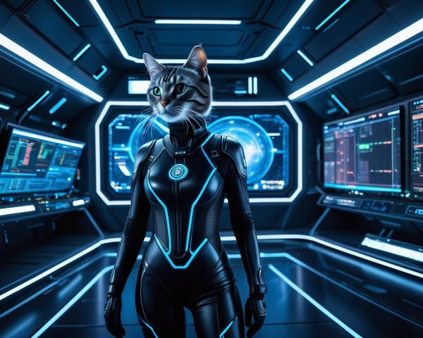 Futuristic Spaceship Interior with Humanoid Cat Figure