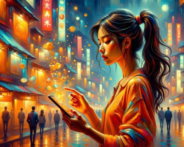 Young woman in vibrant street with colorful lanterns