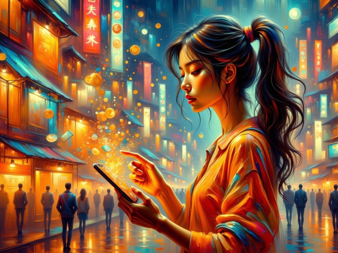 Young woman in vibrant street with colorful lanterns