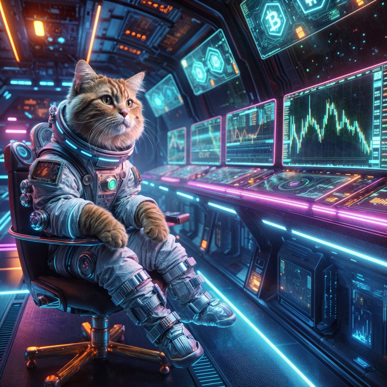 Futuristic Cat in Astronaut Suit in Spacecraft Cockpit