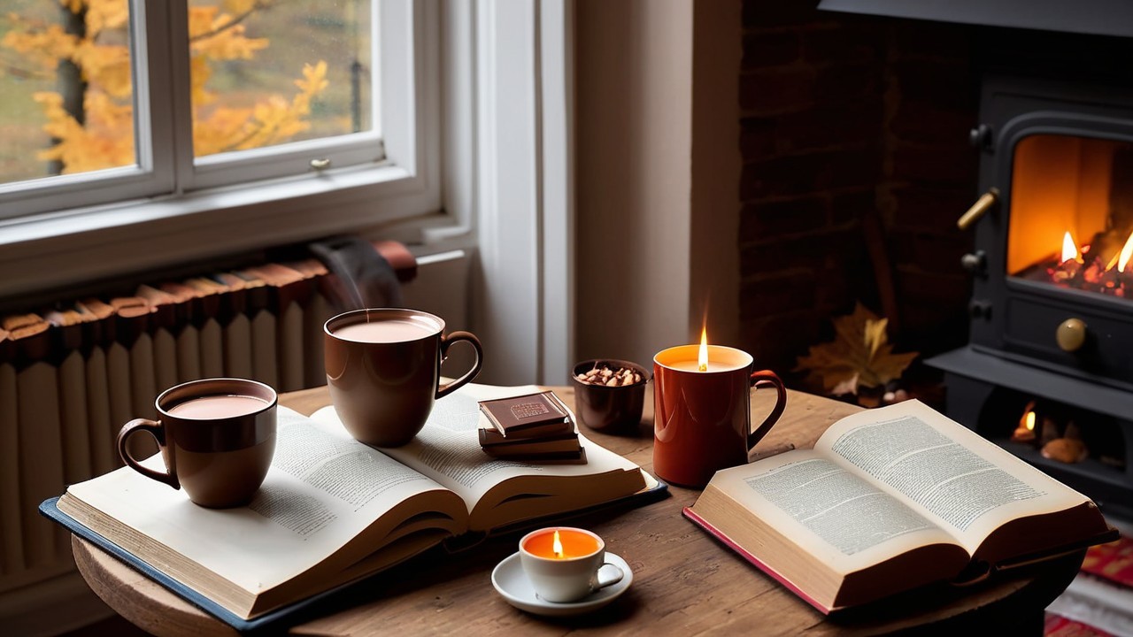 Cozy Hot Chocolate and Espresso Scene by Fireplace