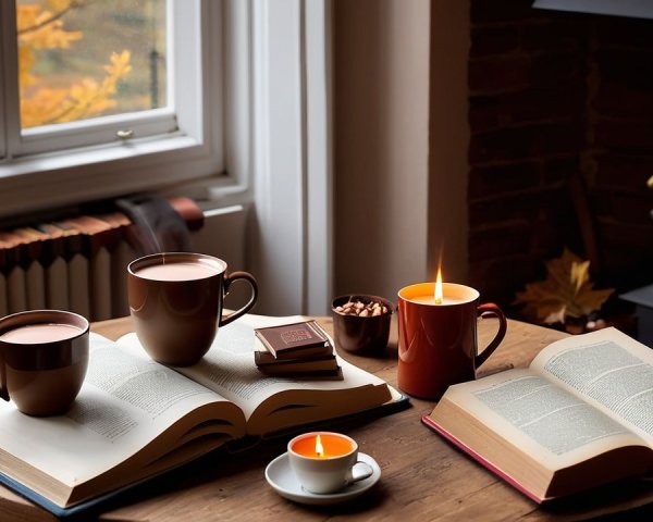 Cozy Hot Chocolate and Espresso Scene by Fireplace