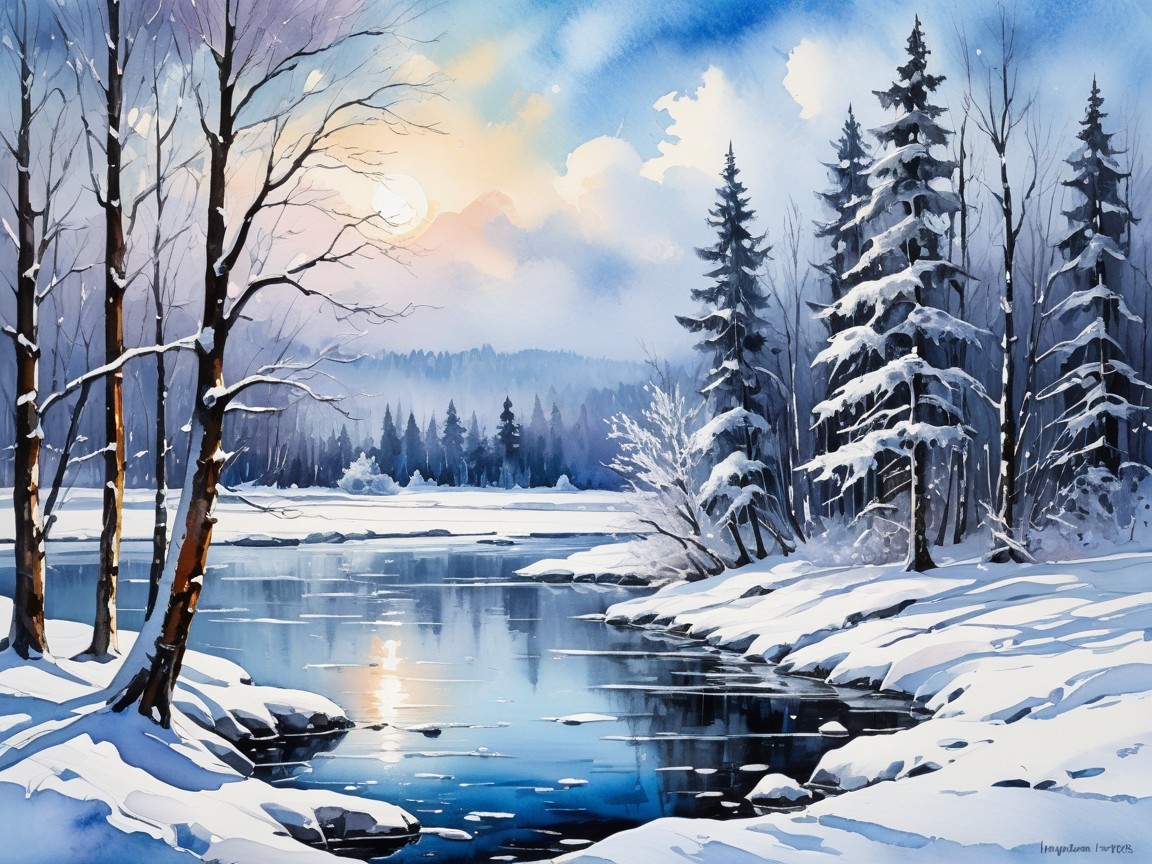 Serene Winter Landscape with Tranquil River and Snow