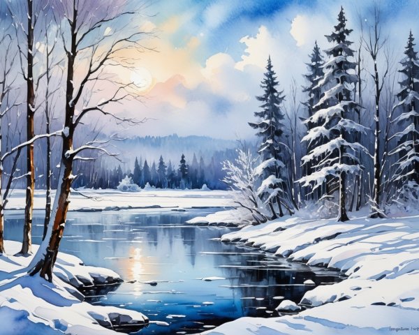 Serene Winter Landscape with Tranquil River and Snow