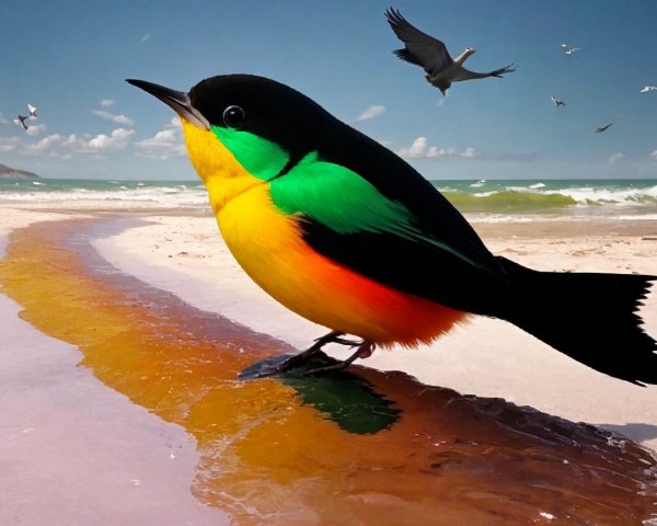 Vibrant bird by shimmering stream on sandy beach