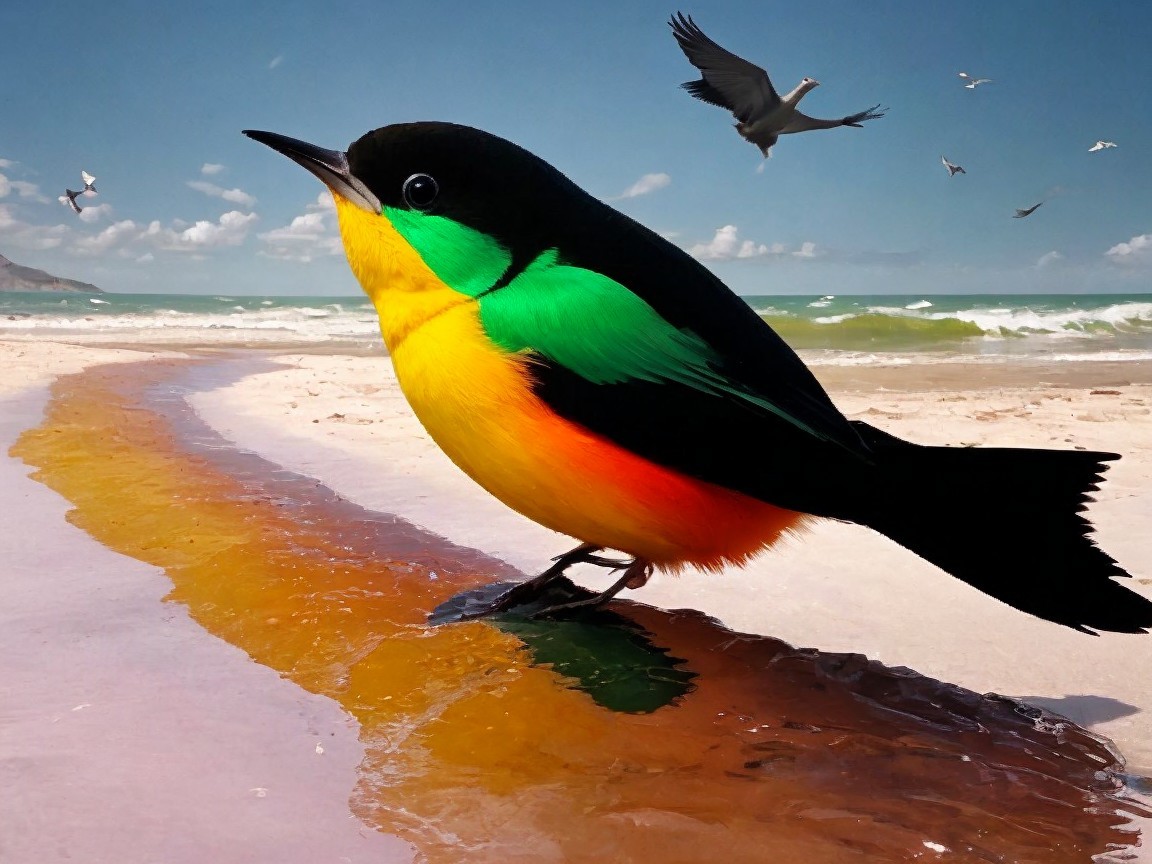 Vibrant bird by shimmering stream on sandy beach